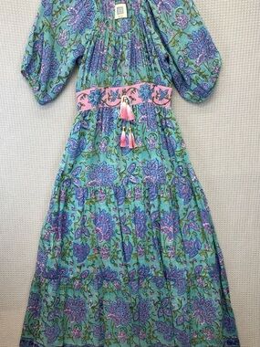 Bell by Alicia Bell Large Silk Cotton Boho Maxi Tiered Dress Blue Pink Spring